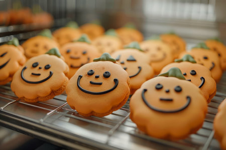 Freshly Baked Smiling Pumpkin Cookies on a Cooling Rack in a Home Kitchen for Halloween Celebrations AI Generativeの素材