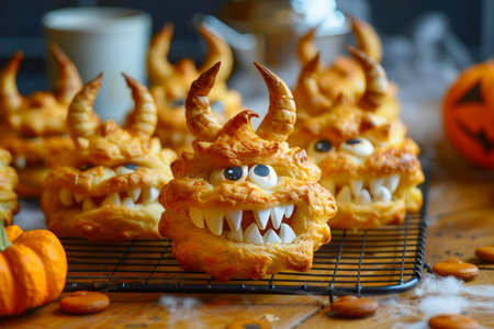 Homemade Spooky Halloween Monster Cookies Decorated with Candy Eyes, Horns, and Fangs, Festive Baking Concept on Kitchen Table AI Generativeの素材