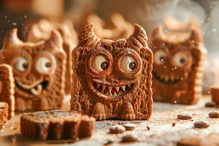 Whimsical Monster Cookies on Wooden Table with Festive Decor and Warm Baking Atmosphere, Creative Food Concept AI Generativeの素材