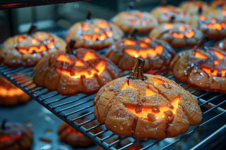 Freshly Baked Halloween Pumpkin Shaped Cookies Glowing with Spooky Faces in Oven AI Generativeの素材