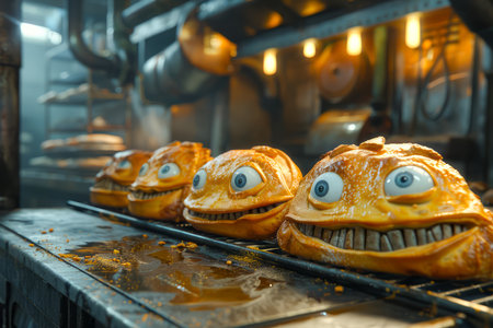 Surreal Animated Pies with Smiling Faces on Industrial Oven Conveyor in a Fantastical Factory Setting AI Generativeの素材