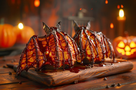 Delicious Grilled Ribs with Barbecue Sauce on Wooden Board, Festive Halloween Table Setting with Pumpkin and Candles in Background AI Generativeの素材