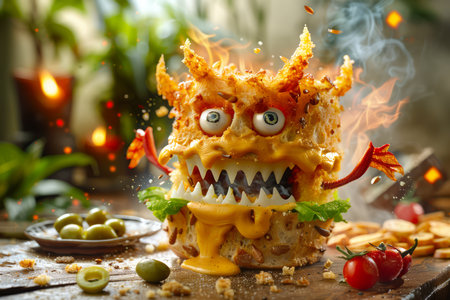 Whimsical Monster Themed Cheeseburger with Flames and Quirky Garnishes on Wooden Table AI Generativeの素材