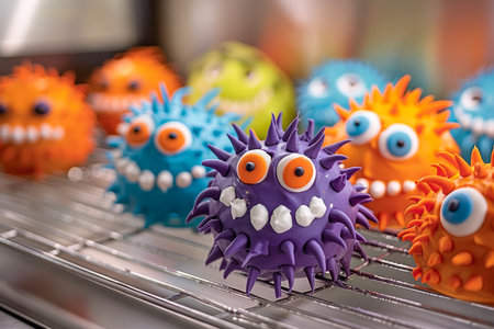Vibrant Handmade Monster Cupcakes with Googly Eyes on Cooling Rack for Children&#39;s Party AI Generativeの素材