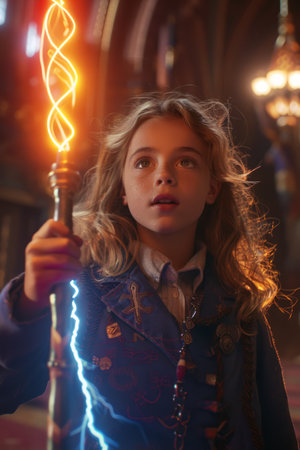 Young Girl Holding Illuminated Magical Staff in Ornate Antique Setting with Mystic Energy AI Generativeの素材
