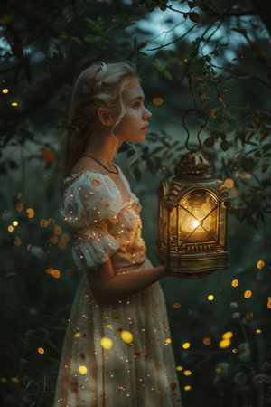 Ethereal Woman in Enchanted Forest Holding Vintage Lantern Among Glowing Fireflies at Dusk AI Generativeの素材