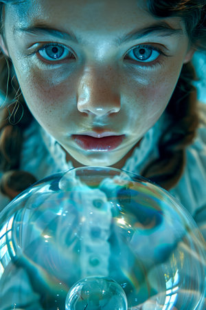 Enchanting Young Girl with Captivating Eyes Staring Through a Crystal Ball in Moody Lighting AI Generativeの素材