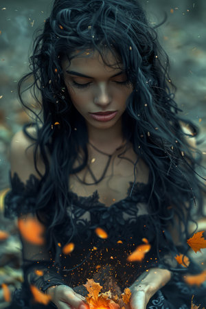 Enchanting Woman in a Black Lace Dress Surrounded by Autumn Leaves with a Mysterious Ethereal Feeling AI Generativeの素材