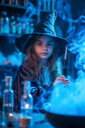 Young Girl Dressed as Witch Brewing Potion in Cauldron for Halloween in Mysterious Smoke Filled Room with Magical Spell Ingredients AI Generativeの素材