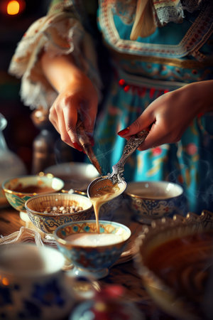Traditional Tea Ceremony with Elegant Hand Movements and Exquisite Porcelain Teaware in a Cultural Setting AI Generativeの素材