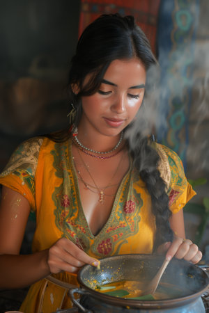 Traditional Cuisine Preparation by Young Woman in Colorful Ethnic Attire Stirring Pot Over Rustic Kitchen Background with Smoke AI Generativeの素材