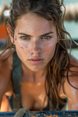 Close up Portrait of a Confident Young Woman with Freckles and Wet Hair Outdoors, Looking Intently at the Camera with Determination AI Generativeの素材