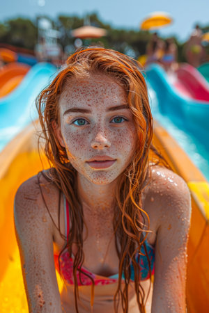 Young Red Haired Woman Enjoying Summer Fun at Water Park with Colorful Slides in Background AI Generativeの素材