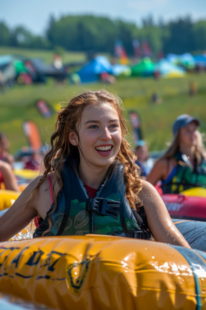 Smiling Young Woman Enjoying Outdoor Water Sports Activity in Summer at a Festival AI Generativeの素材