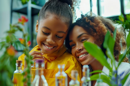 Affectionate Mother and Daughter Enjoying Time Together Surrounded by Fragrant Flowers and Boutique Perfumes AI Generativeの素材