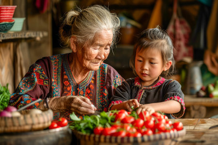 Elderly Woman and Grandchild Sorting Tomatoes in Rustic Kitchen, Traditional Family Moments AI Generativeの素材