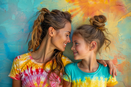 Cheerful Mother and Daughter in Colorful Tie Dye Shirts Smiling and Embracing Against Vibrant Painted Background AI Generativeの素材