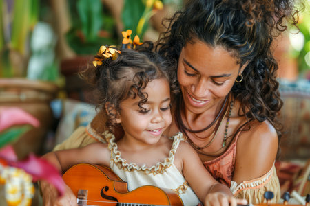 Happy Mother Teaching Her Little Girl to Play Ukulele, Family Bonding Moment in Tropical Setting AI Generativeの素材