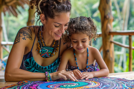 Happy Family Moments Smiling Young Mother and Child Enjoying Creative Activity Together in a Lush Green Tropical Setting AI Generativeの素材
