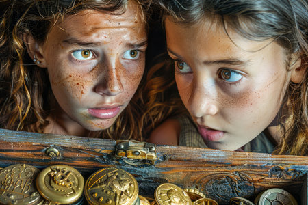 Intense Young Explorers Discovering Antique Treasure in Wooden Chest, Eyes Wide with Astonishment and Curiosity AI Generativeの素材