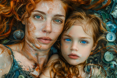 Close up Portrait of a Beautiful Redhead Woman with Freckles and Young Girl with Vivid Blue Eyes and Paint Splatters AI Generativeの素材