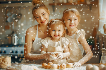 Happy Family Baking Together in Festive Kitchen with Snowy Effect, Mom and Daughters Enjoying Christmas Holiday AI Generativeの素材