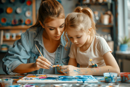 Loving Mother and Daughter Enjoying Artistic Bonding Time While Painting Together at Home AI Generativeの素材