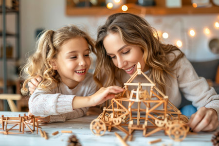 Smiling Mother and Daughter Enjoying Quality Time Building Wooden House Model Together at Home AI Generativeの素材