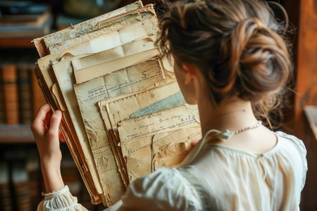 Woman Holding Vintage Books in Cozy Rustic Room, Back View with Elegant Hairstyle, Romantic Concept, Old Literature Collector AI Generativeの素材