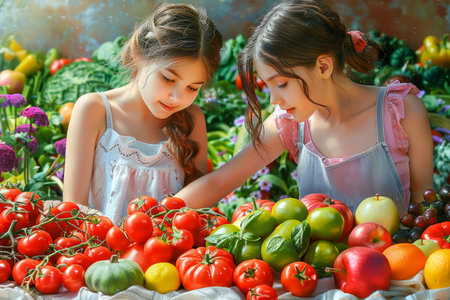 Two Young Girls Enjoying a Colorful Assortment of Fresh Tomatoes at a Sunny Garden Table AI Generativeの素材