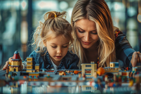 Mother and Child Bonding over Toy Building Blocks Moments of Parental Guidance and Education at Home AI Generativeの素材
