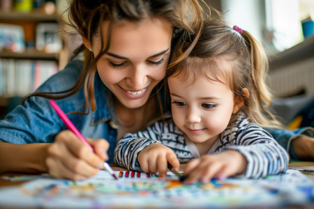 Mother and Young Daughter Enjoying Quality Time Together While Coloring in a Bright, Cozy Room Family Bonding, Creative Activity, Indoor Leisure Concept AI Generativeの素材