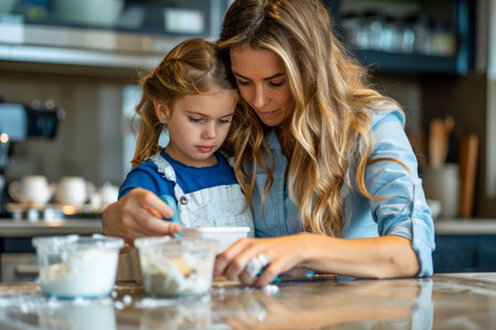 Mother and Daughter Enjoying Quality Time Together Baking in a Modern Kitchen AI Generativeの素材