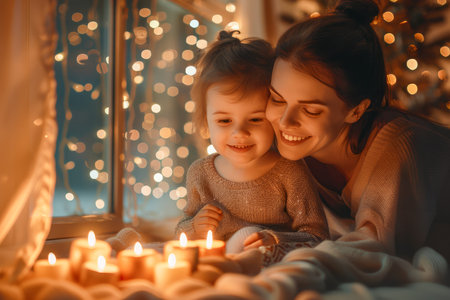 Warm and Joyful Moments with Mother and Child Enjoying Candlelight by the Festive Window Decorated with Fairy Lights AI Generativeの素材