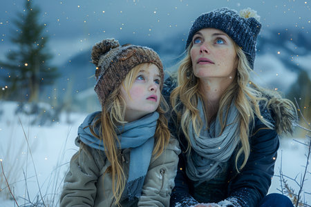 Young Mother and Daughter Enjoying a Snowy Winter Day Outdoors, Sharing Warm Emotions and Family Bonding AI Generativeの素材