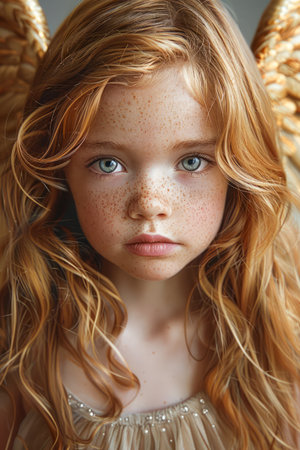 Adorable Young Girl with Curly Red Hair and Freckles Posing with a Serious Expression in Natural Light Setting AI Generativeの素材