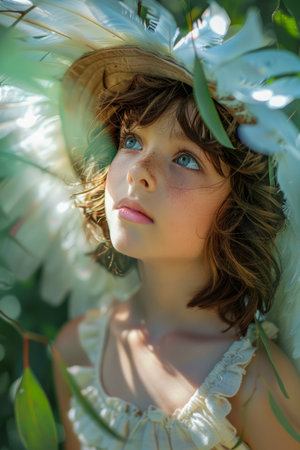 Dreamy Young Girl in Sun Hat Amongst Lush Greenery Looking Upwards with Sunlight Filtering Through Leaves AI Generativeの素材