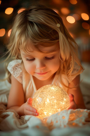 Enchanted Moment Young Girl Holding a Sparkling Light Sphere with Dreamy Christmas Lights Background AI Generativeの素材