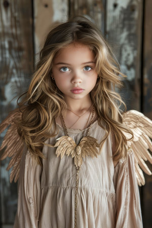 Angelic Young Girl In Golden Wings Costume Posing Artfully in Vintage Setting With Rustic Wood Background AI Generativeの素材