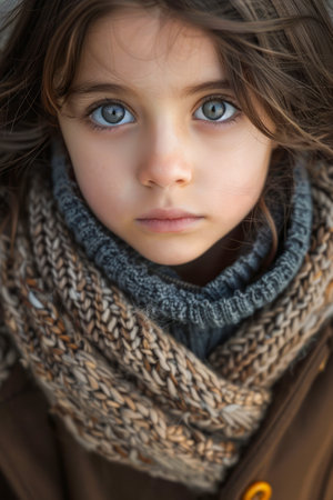 Beautiful Young Girl with Striking Blue Eyes Wearing Knitted Scarf and Brown Coat, Close up Outdoor Portrait AI Generativeの素材