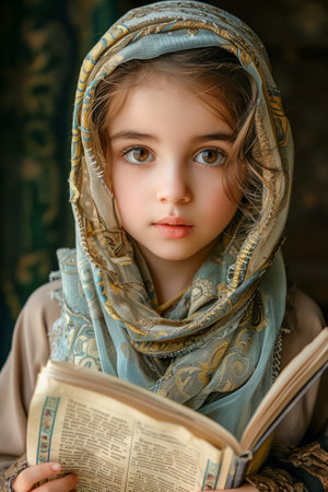 Portrait of a Young Girl with Expressive Eyes Wearing a Traditional Headscarf Holding an Open Book AI Generativeの素材