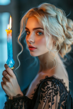 Enchanting Young Woman with Glowing Candle in Dimly Lit Vintage Setting AI Generativeの素材