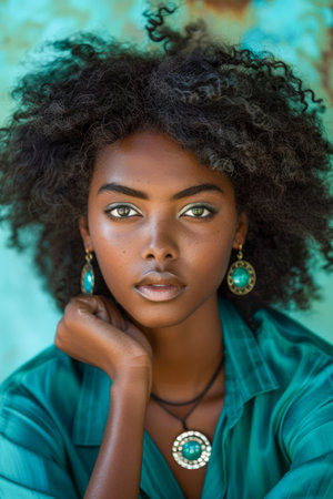 Portrait of a Confident Young Woman with Curly Hair and Exquisite Jewelry in a Green Blouse against a Blue Background AI Generativeの素材