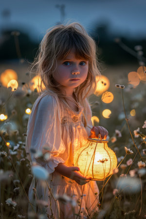 Little Girl Holding Lantern amidst Blossoming Flowers at Dusk, Magical Childhood Moment in Nature AI Generativeの素材