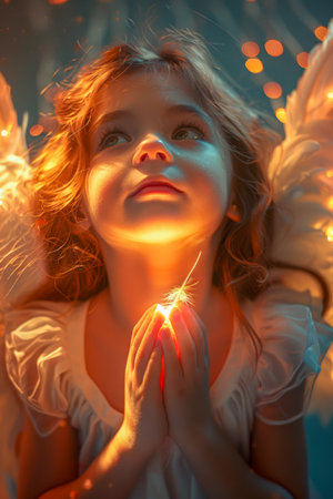 Enchanting Portrait of a Young Girl with Angel Wings Holding a Sparkling Light in a Dreamy Atmosphere AI Generativeの素材