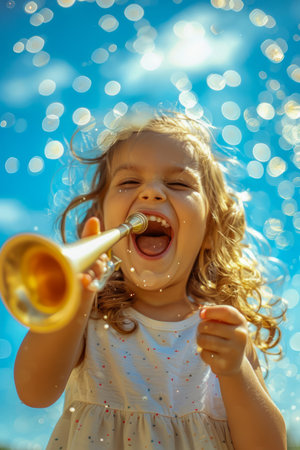 Joyful Little Girl Playing with Bubbles and Trumpet on Bright Sunny Day, Child Fun Outdoor Activities, Candid Kids Moments, Summer Vibrance AI Generativeの素材