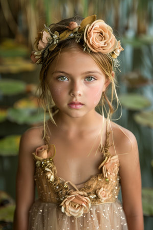 Enchanting Young Girl in Floral Headband and Elegant Dress Standing by Lily Pads AI Generativeの素材