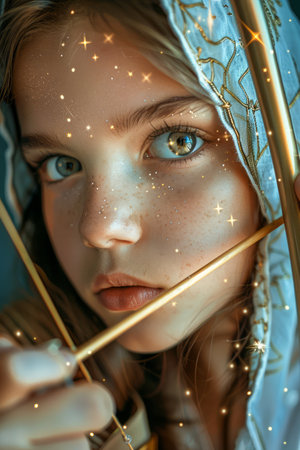 Magical Portrait of a Young Woman with Sparkling Stars and Warm Glowing Light, Dreamy Fantasy Concept AI Generativeの素材