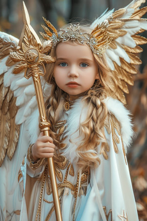 Little Girl in Angel Costume with Golden Wings and Staff Posing in Autumnal Forest AI Generativeの素材
