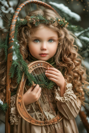 Enchanting Young Girl with Curly Hair Holding a Lyre in a Mystical Forest Setting with Snowflakes AI Generativeの素材